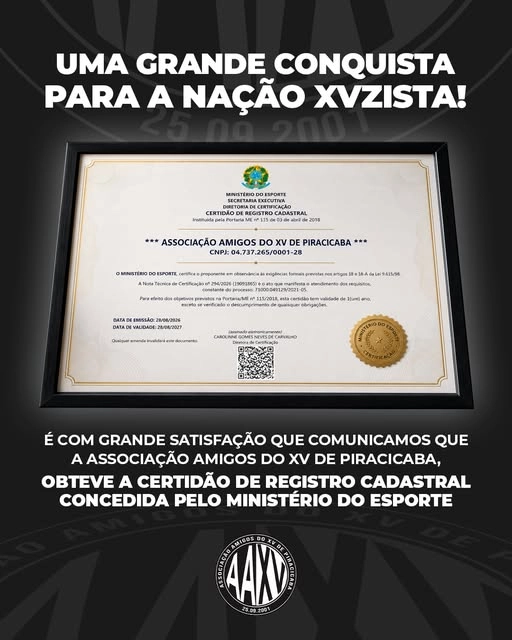 Associação Amigos do XV obtém certificação do Ministério do Esporte e dá mais um passo para fortalecer o futuro do clube