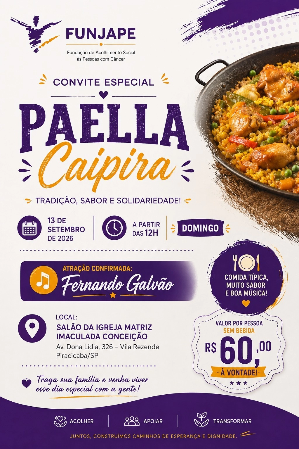 Paella Caipira da FUNJAPE une sabor, música e solidariedade em Piracicaba