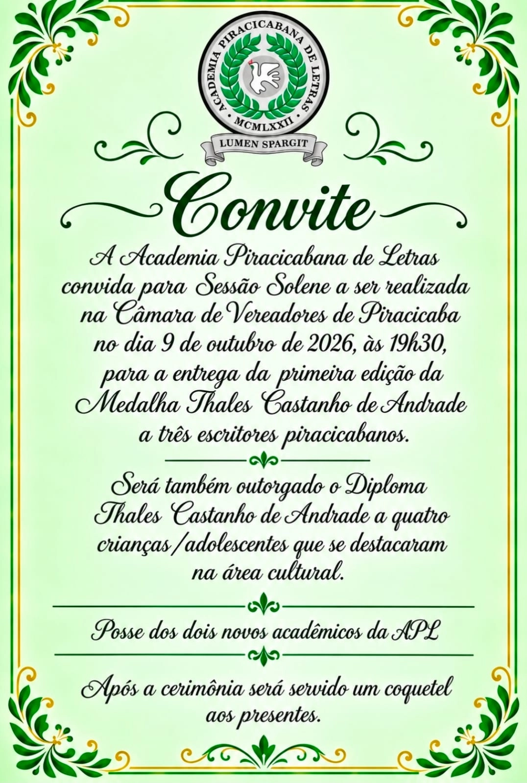 Academia Piracicabana de Letras homenageia escritores e empossa novos acadêmicos