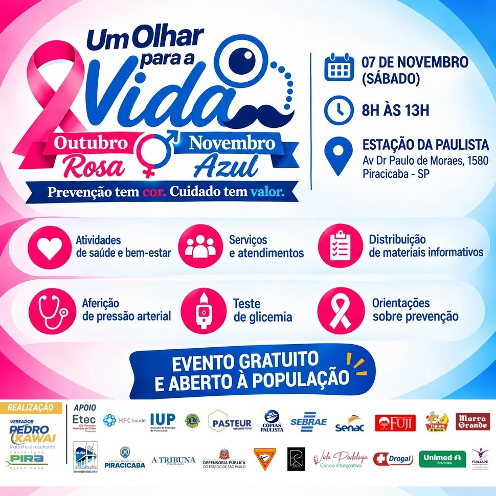 “Um Olhar para a Vida” une Outubro Rosa e Novembro Azul em evento gratuito em Piracicaba