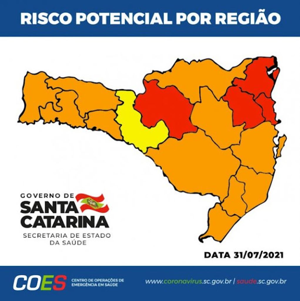 Com novos critérios, mapa de risco mostra quatro regiões de SC em nível gravíssimo