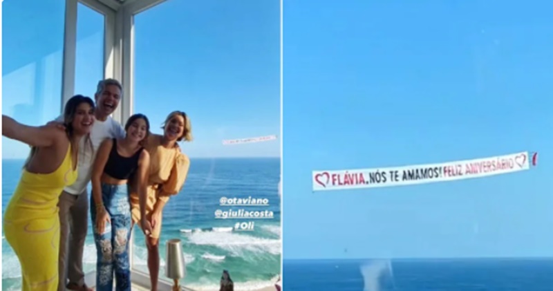 Otaviano Costa faz tudo! Flávia Alessandra ganha homenagem com faixa em avião