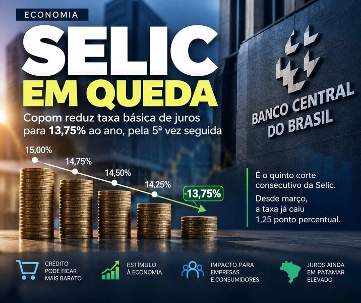 Copom reduz Selic para 13,75% ao ano no quinto corte seguido