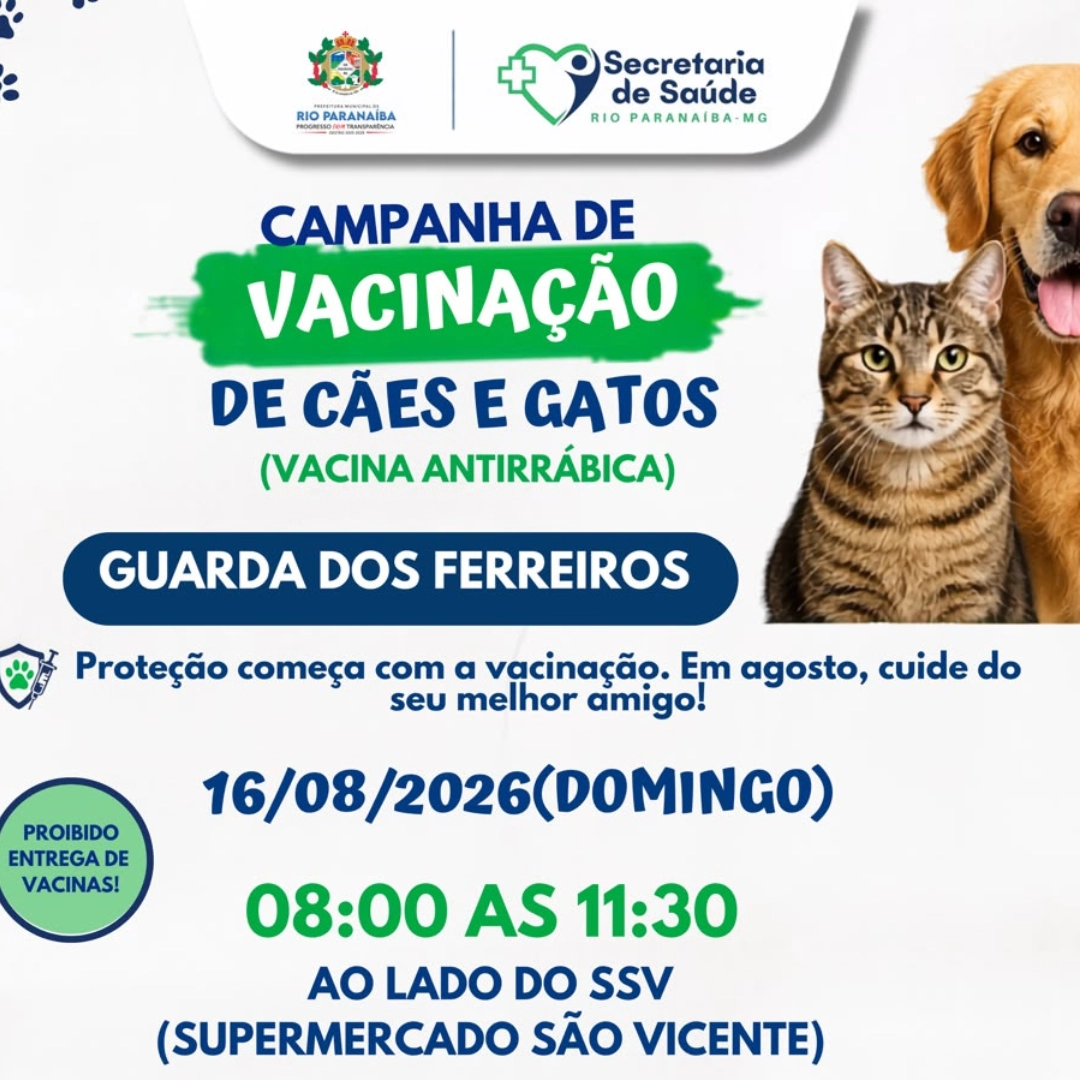 Campanha de vacinação antirrábica será realizada em Guarda dos Ferreiros no domingo
