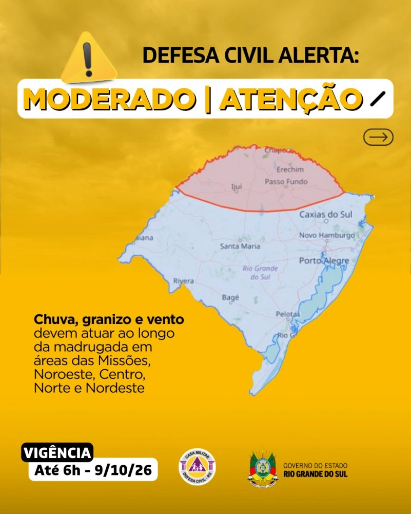 Defesa Civil alerta: Condição de ATENÇÃO para chuva, granizo e vento que devem atuar ao longo da madrugada