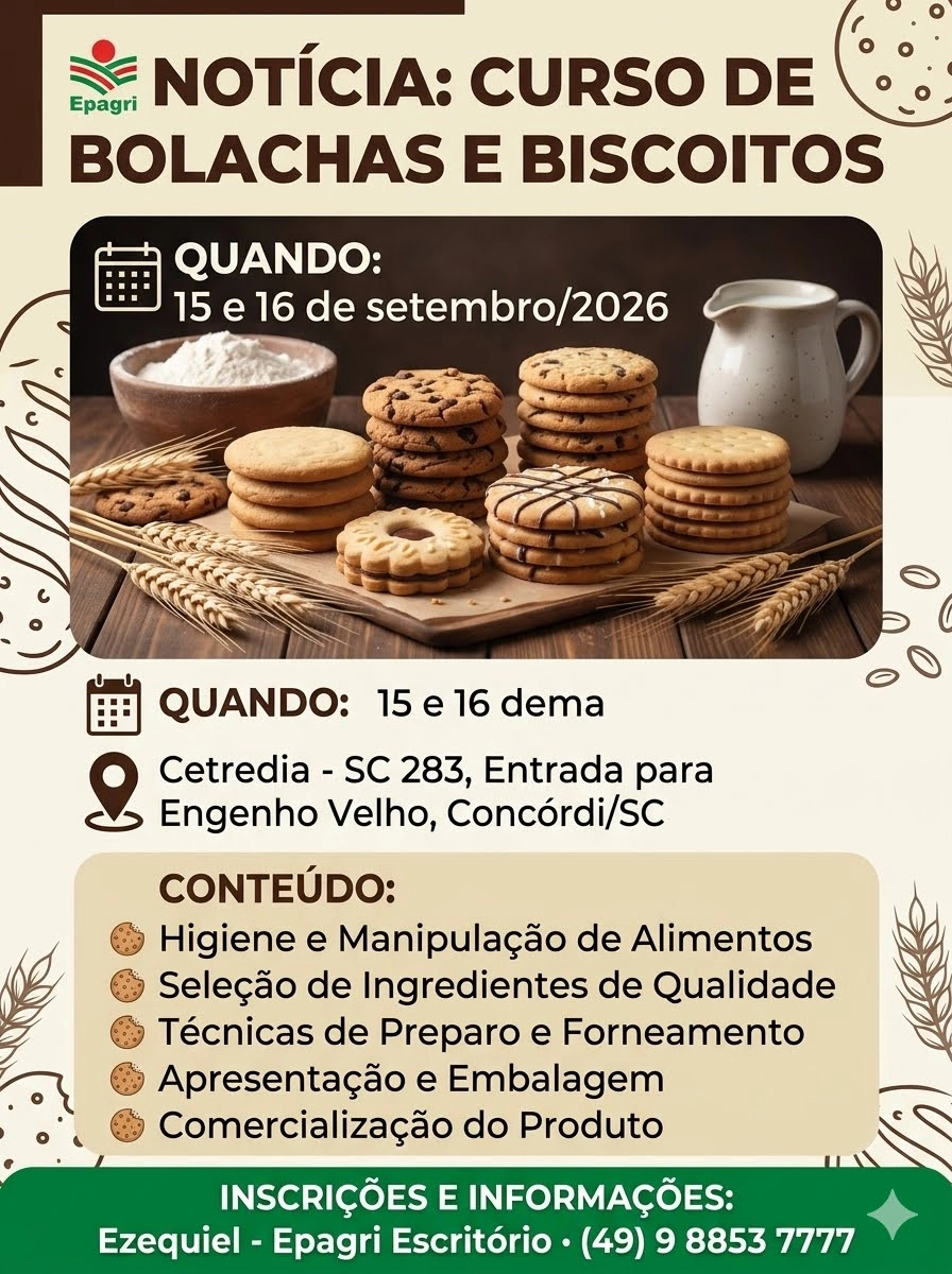 Epagri abre inscrições para curso de produção de bolachas e biscoitos em Concórdia