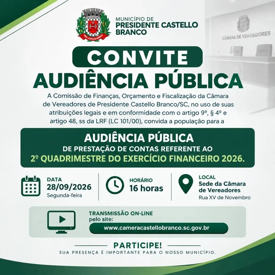 População de Presidente Castelo Branco é convidada a acompanhar prestação de contas do município