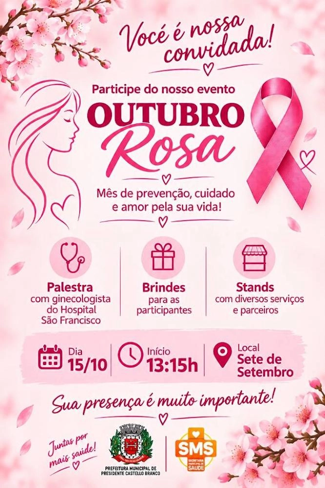 Evento do Outubro Rosa em Presidente Castelo Branco promove saúde e prevenção nesta quinta-feira (15)