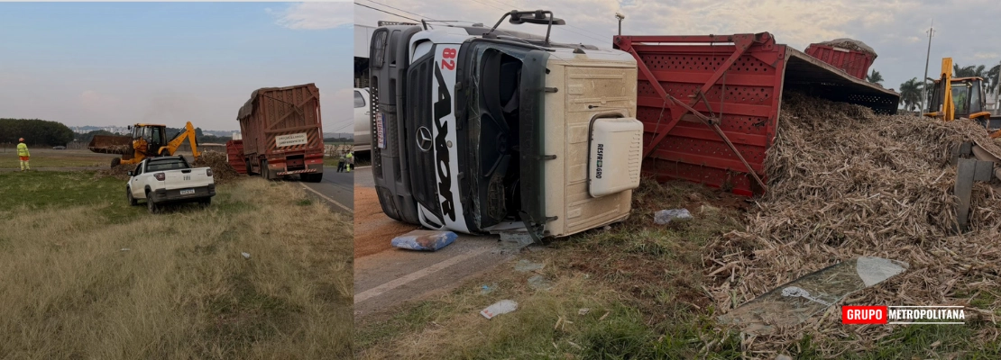 BITREM COM 75 TONELADAS DE CAVACO DE CANA TOMBA E DEIXA MOTORISTA FERIDO NA SP-127