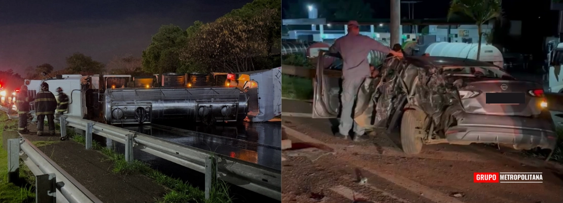 CARRETA-TANQUE COM 15 MIL LITROS DE DIESEL TOMBA APÓS ACIDENTE COM CARRO E INTERDITA SP-304 EM PIRACICABA
