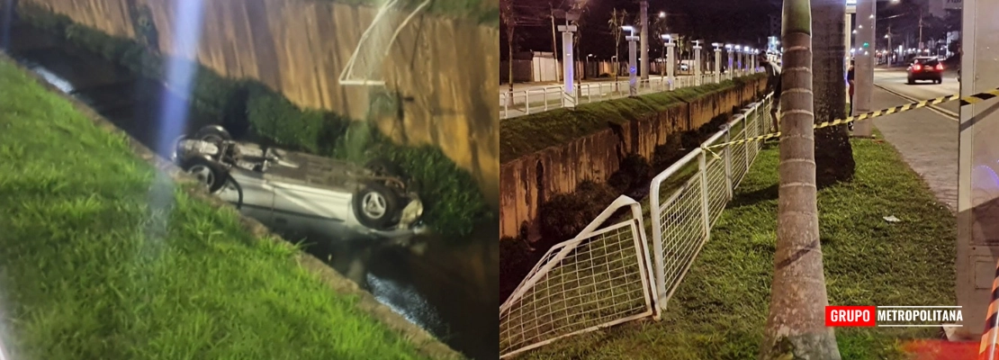 MOTORISTA PERDE O CONTROLE, ATRAVESSA GRADE E CARRO CAI EM CÓRREGO EM AMERICANA