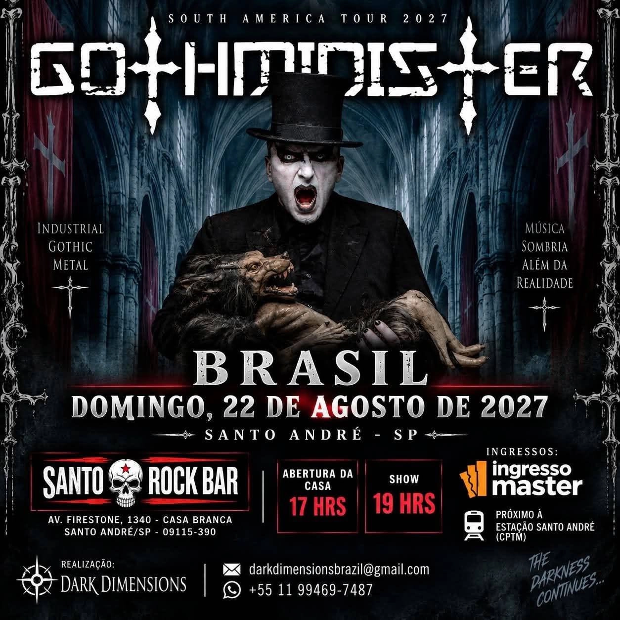 Gothminister, destaque do Industrial/Gothic Metal, estreia no Brasil com show único em agosto de 2027