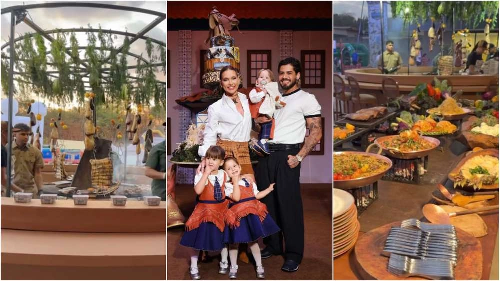 Festa de 1 ano de José Leonardo tem buffet de churrasco com varal de picanha, costela, salmão e mais