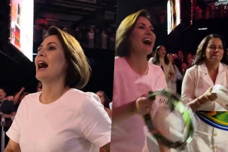 Em evento evangélico, Michelle Bolsonaro surge tocando pandeiro